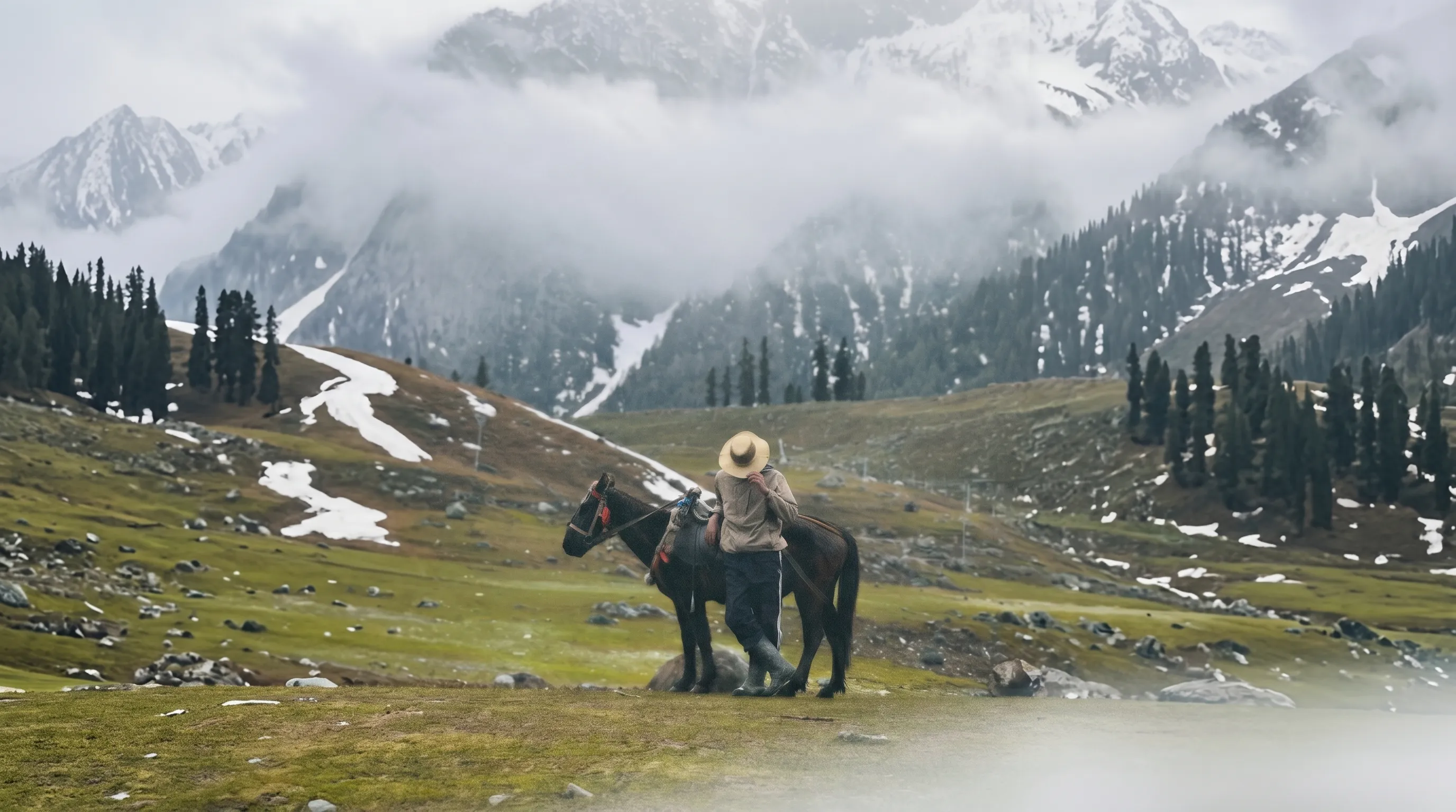 Rider and horse at misty alpine meadow with snowy peaks