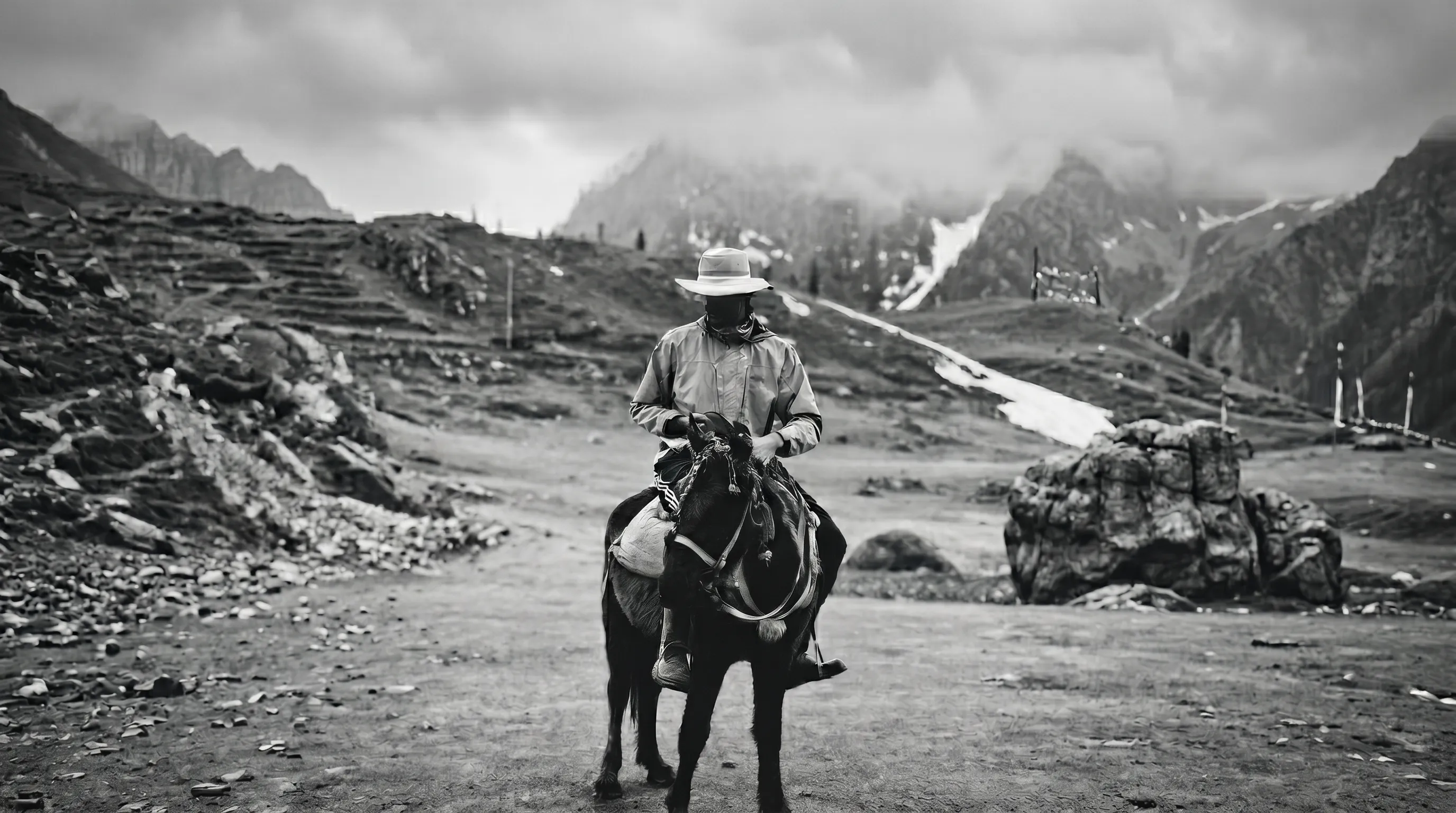 Horse rider on high mountain trail, black and white