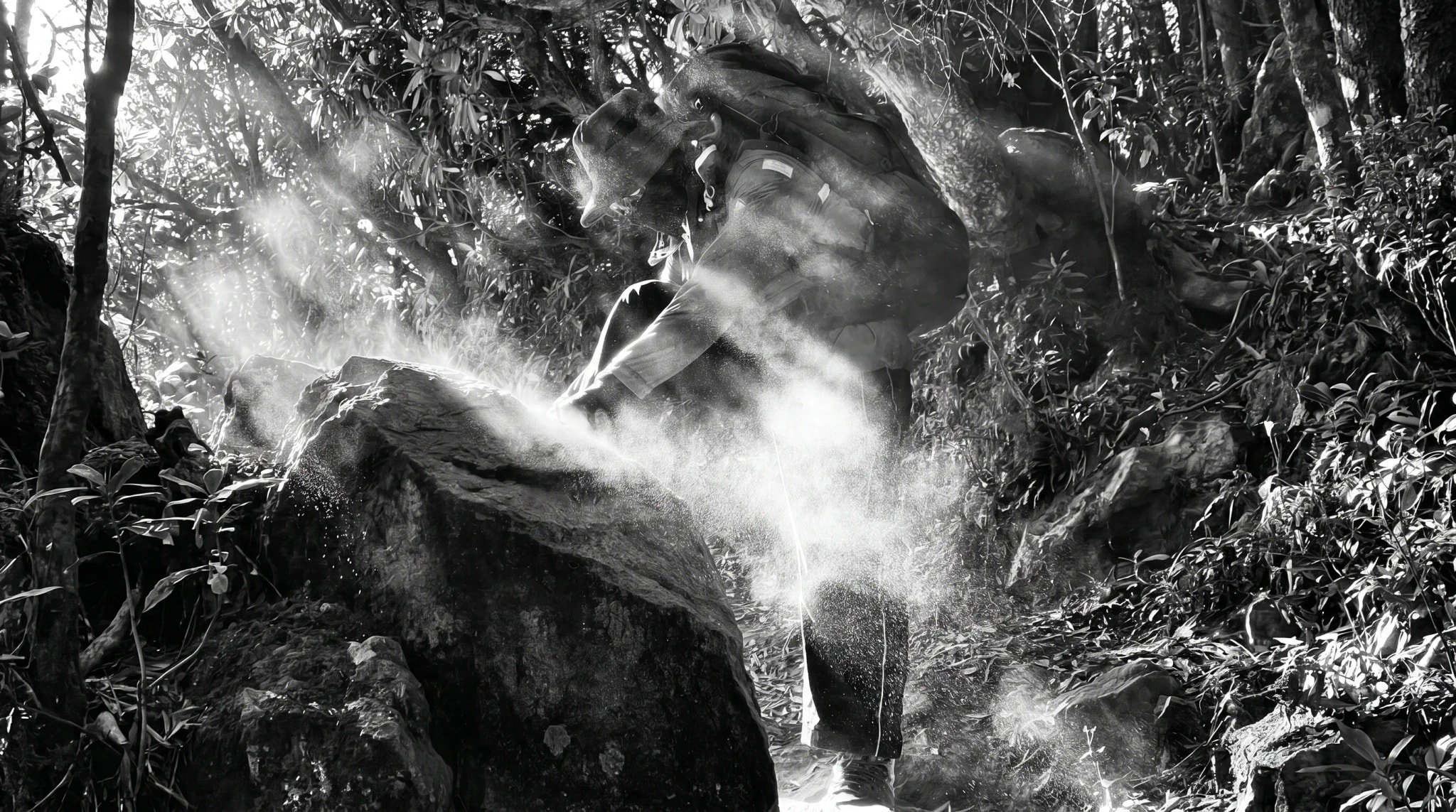 Trekker climbing forest trail with god-rays through mist